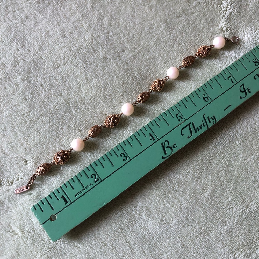 Florenza bracelet filigree goldtone cream round faux pearl beads 70s Vintage - Picture 3 of 5